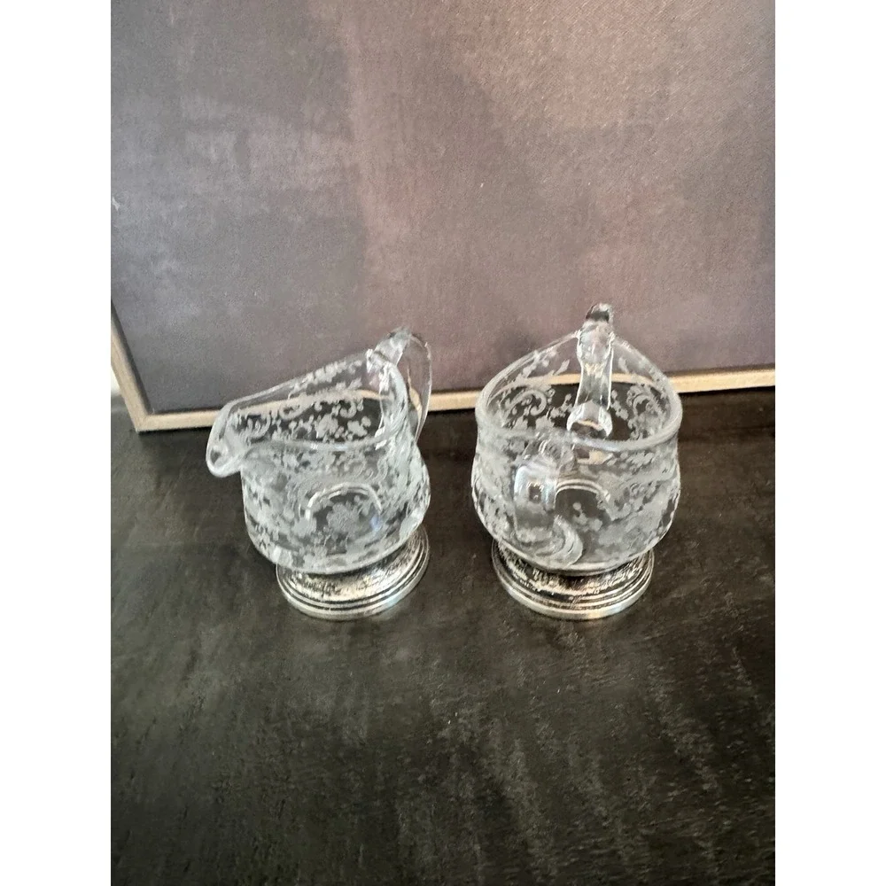 Vtg 1930's Cambridge Chantilly Etched Glass/Sterling Silver Base Creamer & Sugar